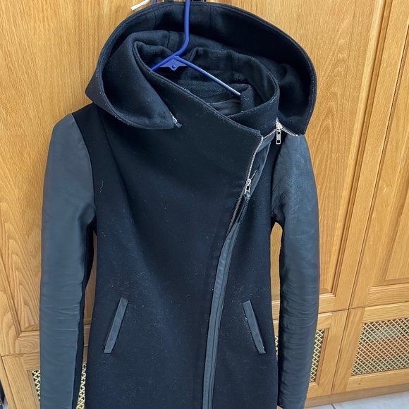 Mackage Odilia Black Wool & leather moto Jacket w/ removable hood XS EUC - Picture 3 of 16